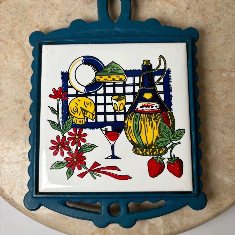 Vintage Italian Style Trivet Hot Pad‎ Cast Iron Teal Ceramic Tile